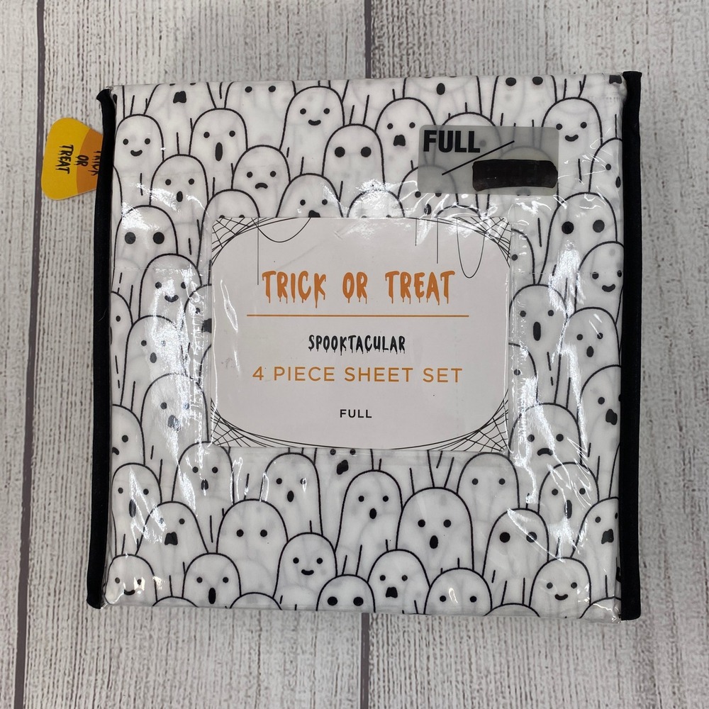 Trick or Treat Ghost Sheet Set FULL White Black Halloween Spooktacular Spooky
